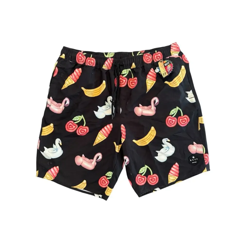 NWT NEFF XL Black Novelty Print Swim Trunks 19” Board Shorts Cherry Flamingo